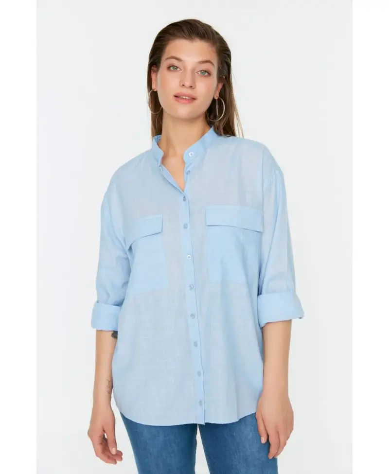 Mavi Cepli Dokuma Gömlek